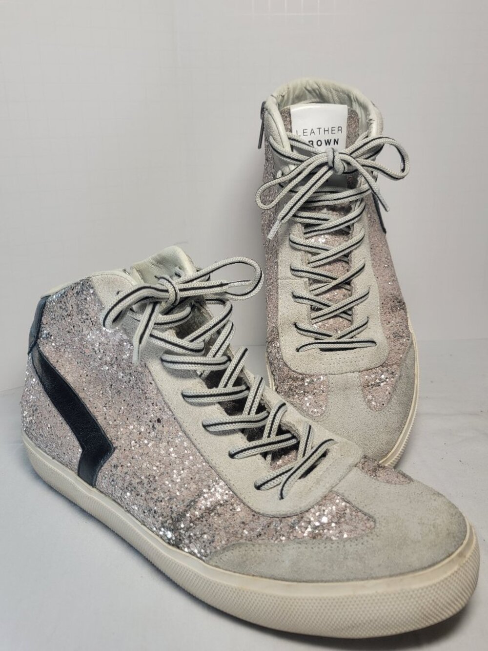 Leather Crown Glitter Suede High Top Sneakers Handmade in Italy EU 39 (~ US 8)